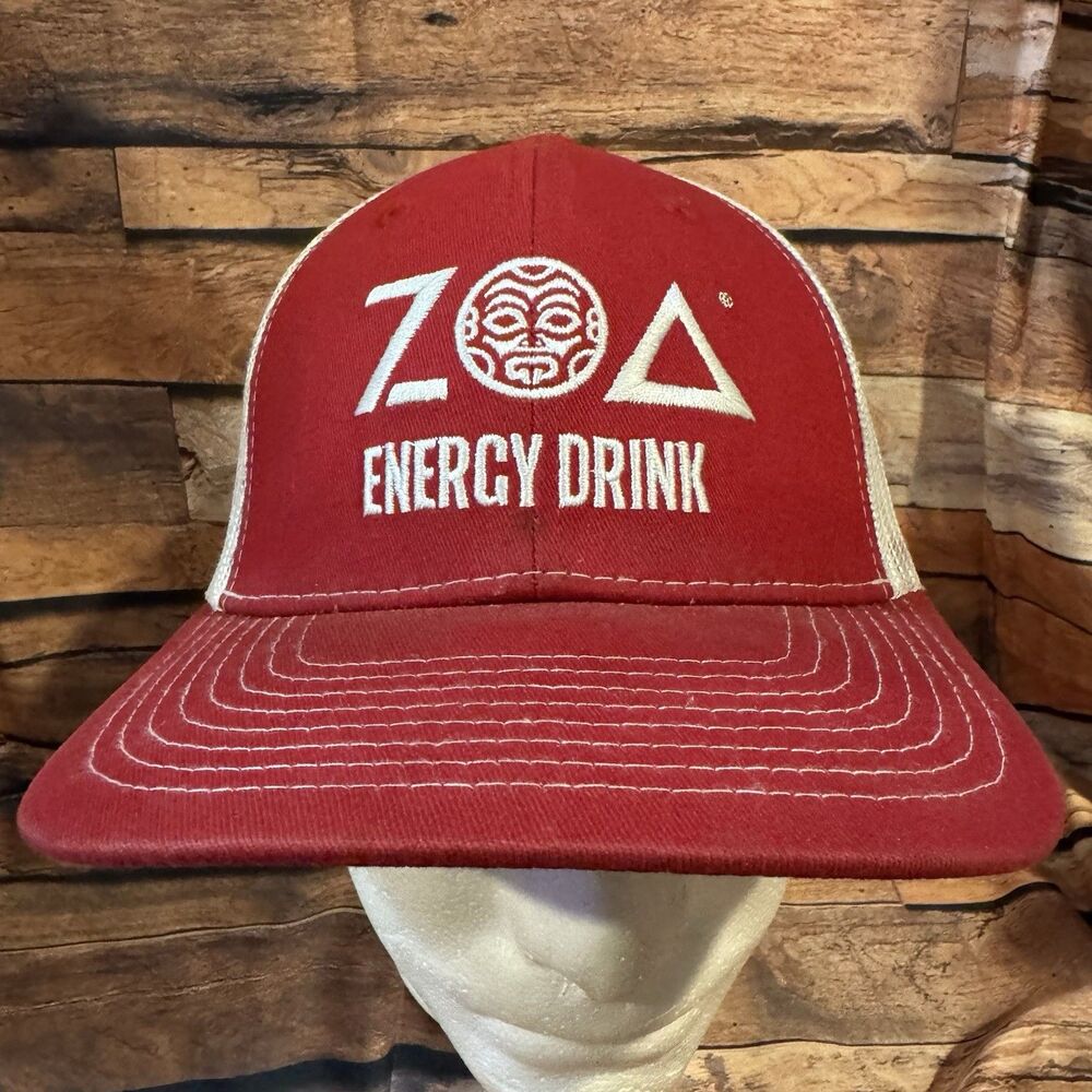 ZOA Energy Drink Trucker Hat Cap Red White Snapback Promo Incentive Brands Mesh